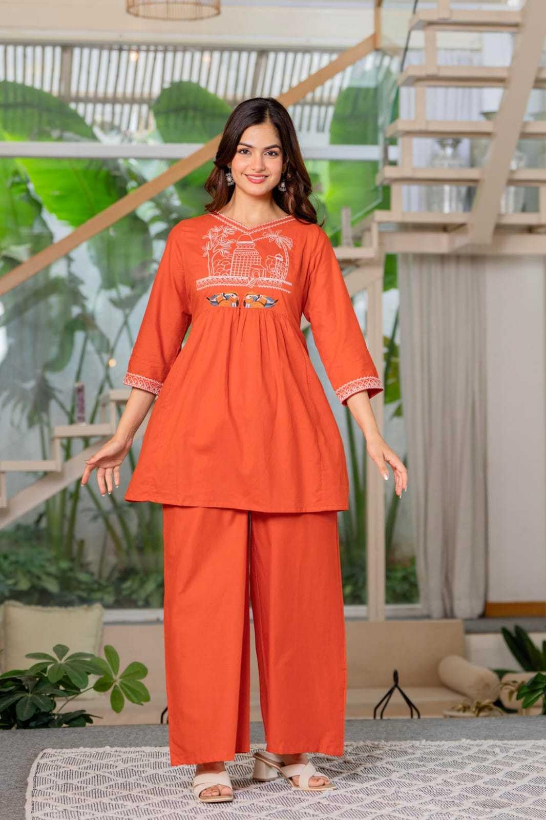 Women's Cotton Embroidered Short Anarkali Kurti With Pant (Orange)