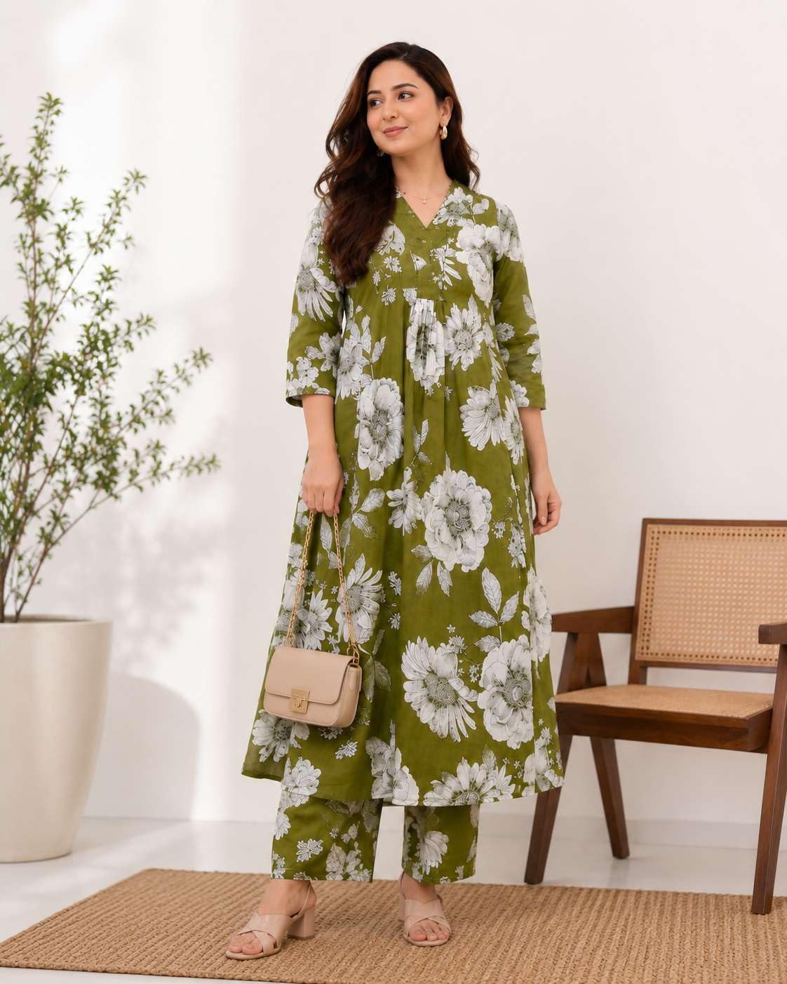 Women's Cotton Floral Printed Straight Kurti With Pant Set
