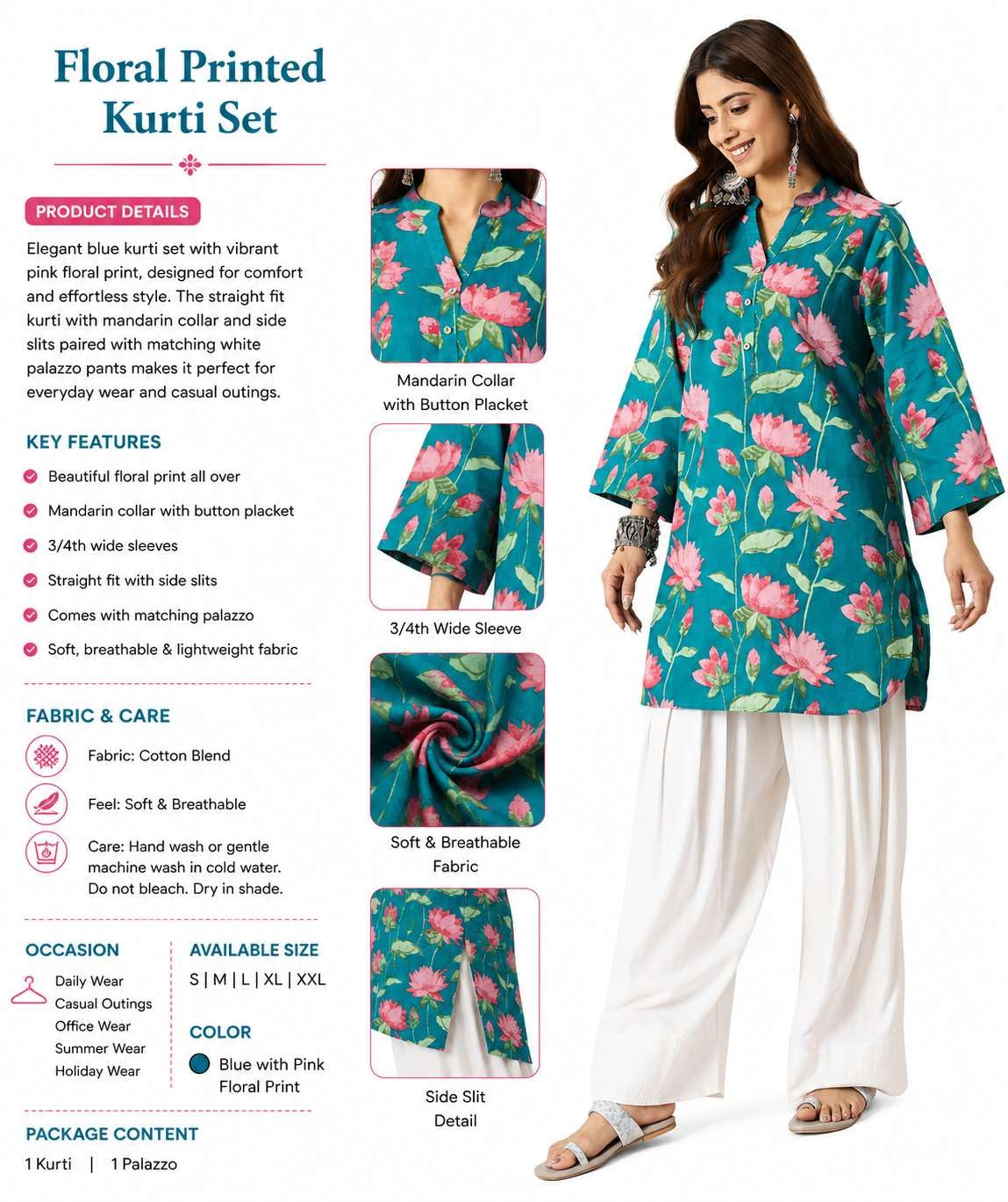 Women's Cotton floral printed straight comfort fit kurti with Farshi Salwar perfect for everyday