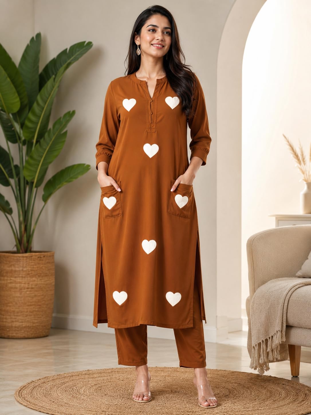 Women's Cotton Embroidered Straight Kurti With Pant Set