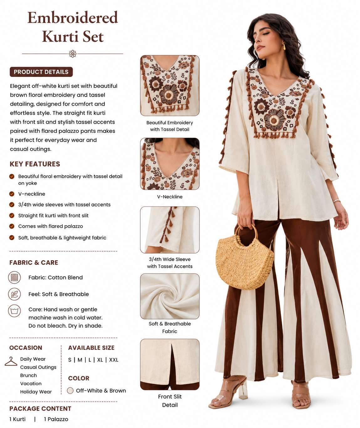 Women's Cotton Floral Embroidery and tassel straight fit kurti with flared PalAMzo Pant (Off White Brown)