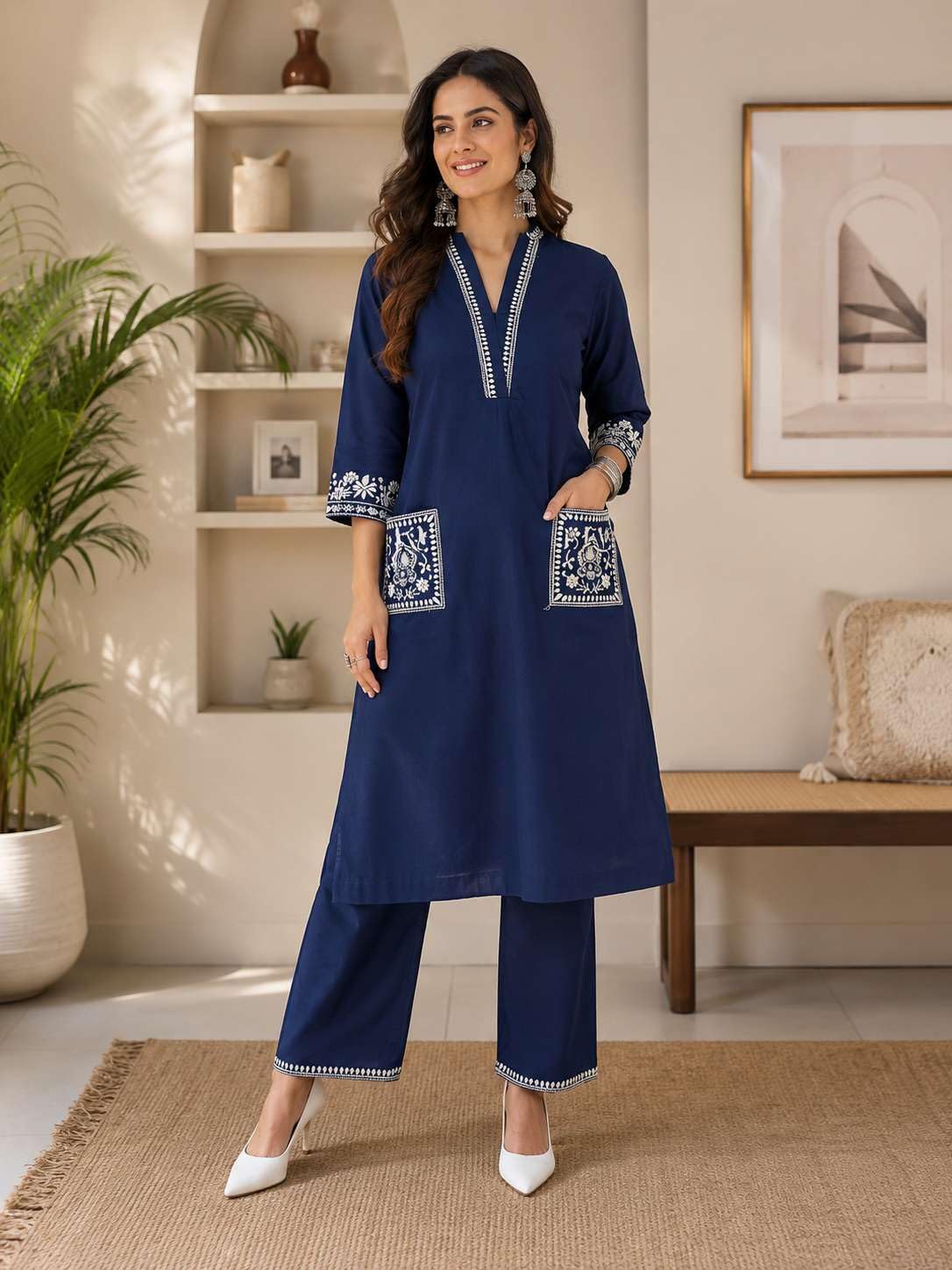 Women's Cotton Embroidery Straight Kurti With Pant Set