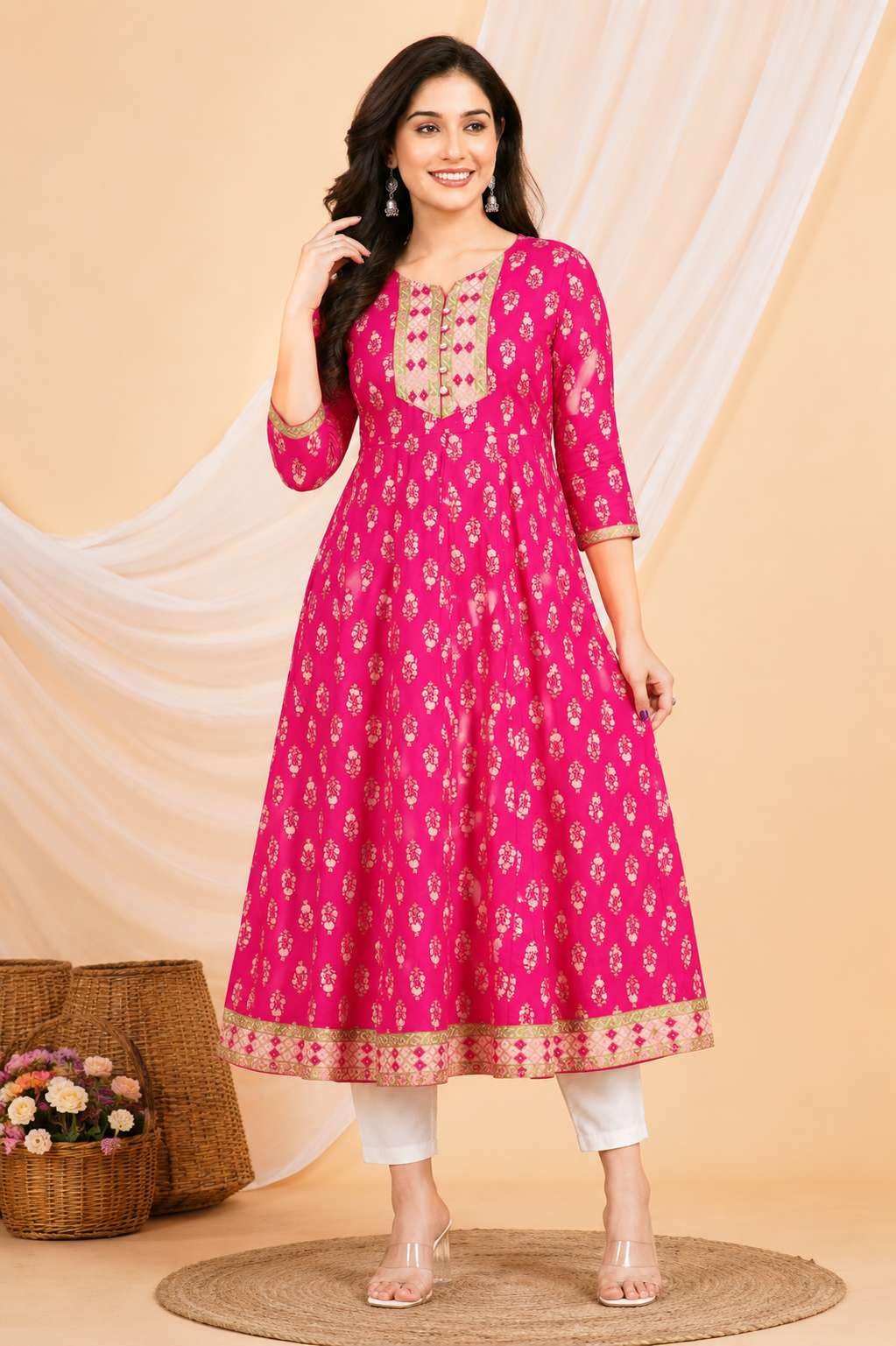 Women's Cotton V-neck Solid Straight Kurti With Pant