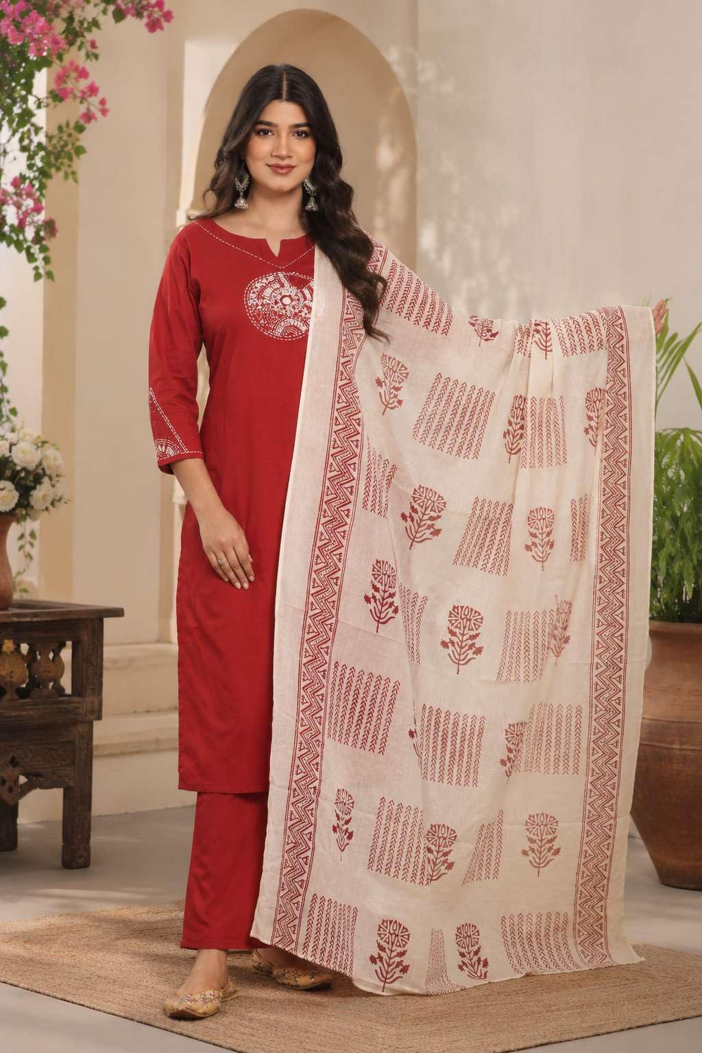 Women's Cotton Embroidery Straight Kurti With Pant Set