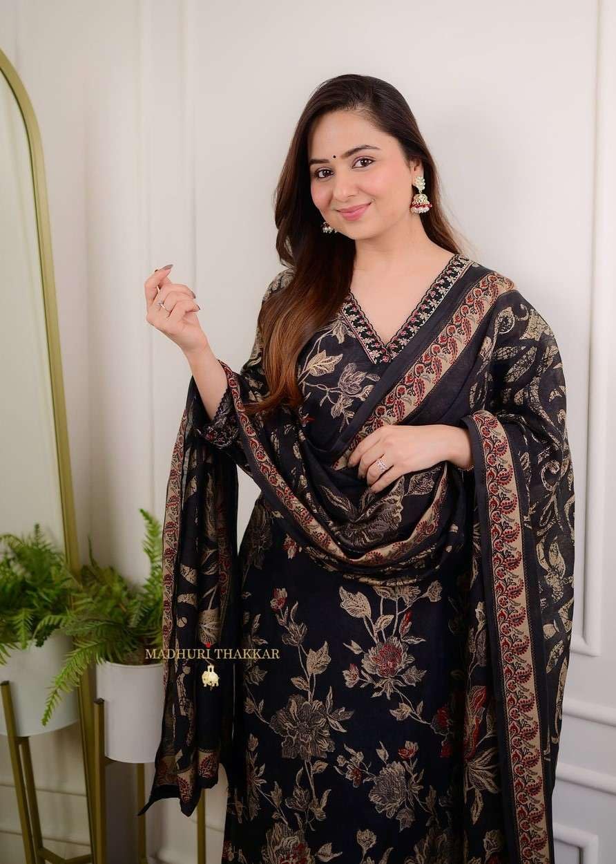 Women's Cotton Floral Printed Straight Kurti With Afghani Style Pant and  Dupatta Set (Black)
