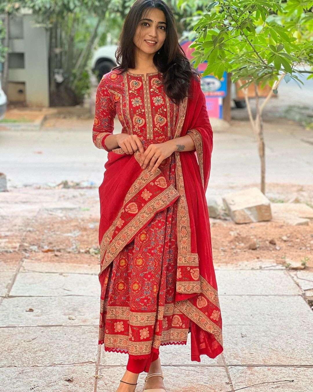 Women's Cotton Anarkali Embroidery Designer Long Anarkali Kurti With Pant and Dupatta Set (Red)