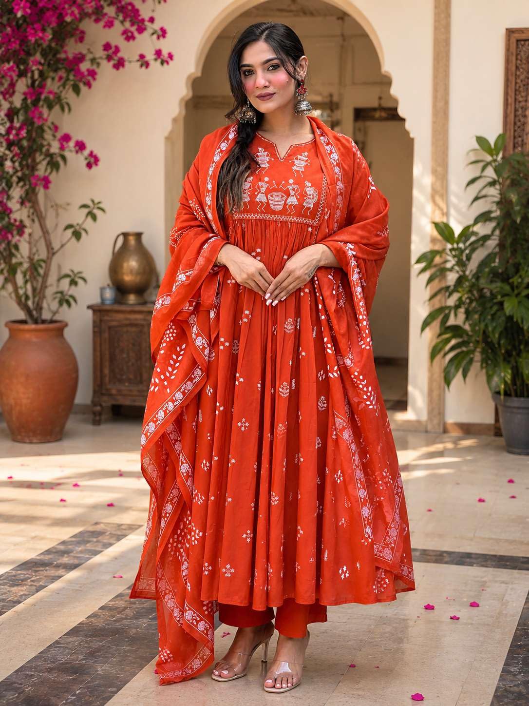 Women's Contton Floral Embroidered Round Neck Regular Kurti Pant Dupatta Set
