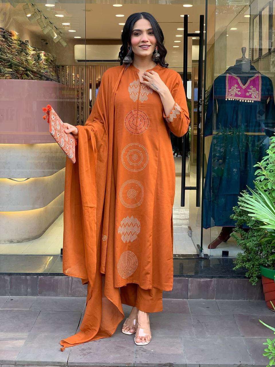 Women's Cotton Embroidered Straight Kurti With Pant And Dupatta Set