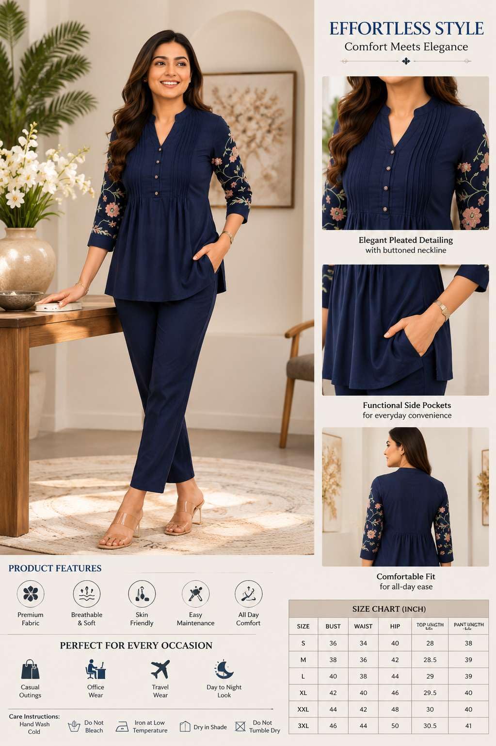 Women's Cotton Embroidery Straight Short kurti With Pant set