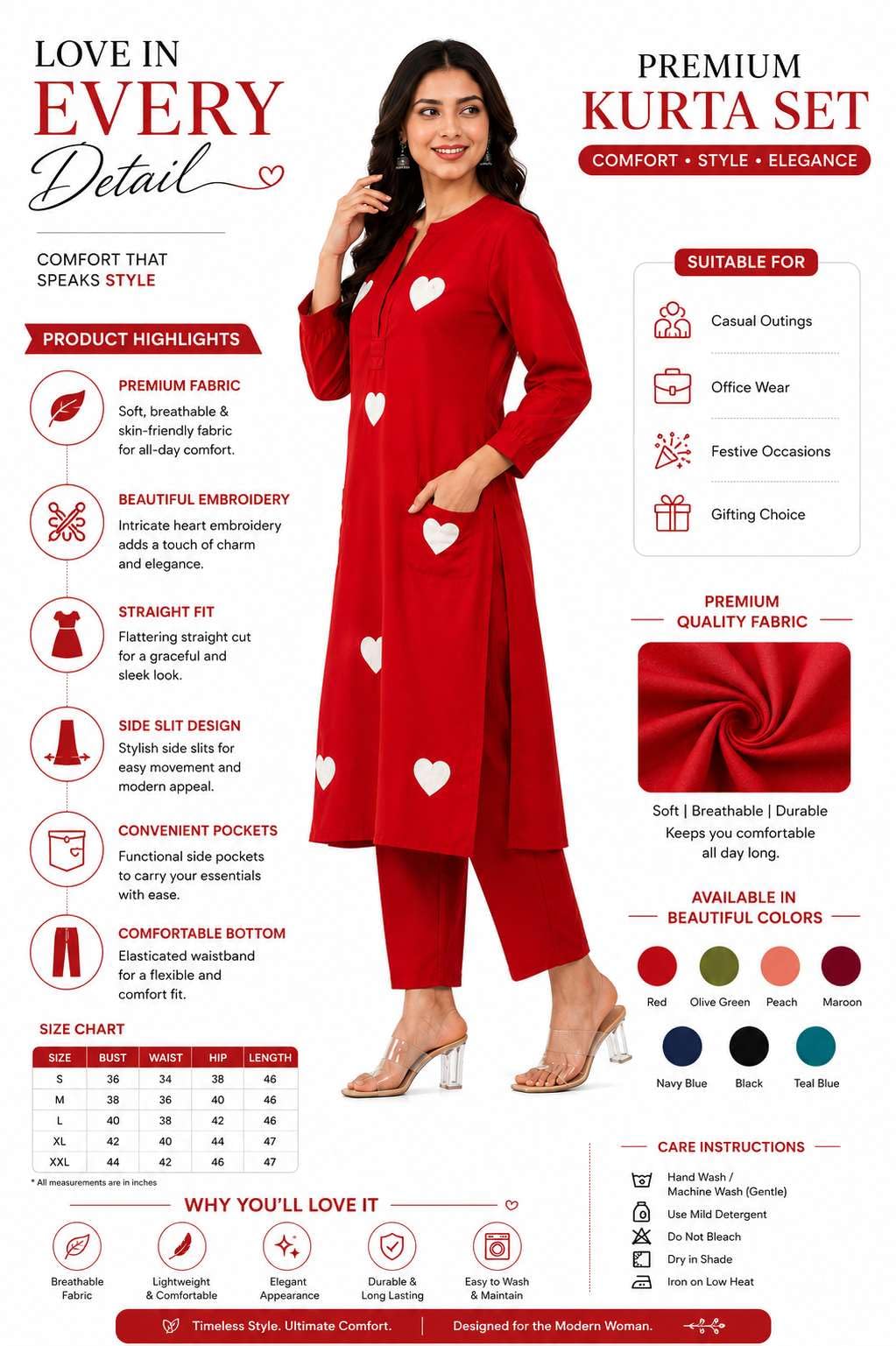 Women's Cotton Embroidered Straight Kurti With Pant Set