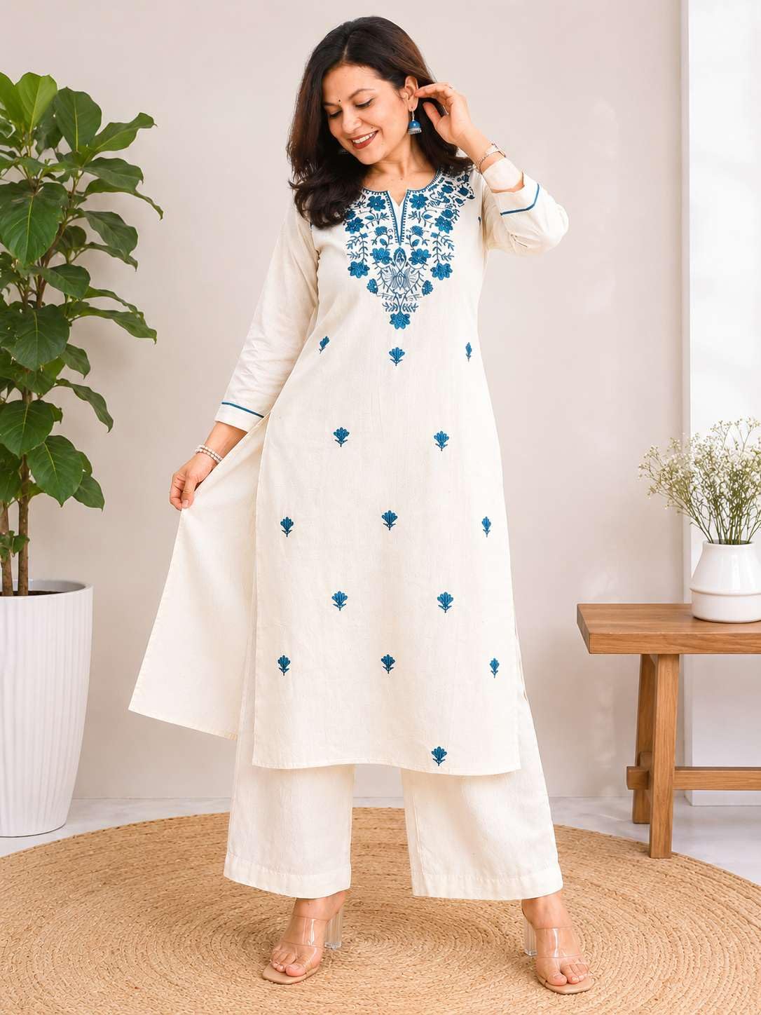 Women's Cotton Floral Embroidered  Straight Kurti With Pant -UG-11
