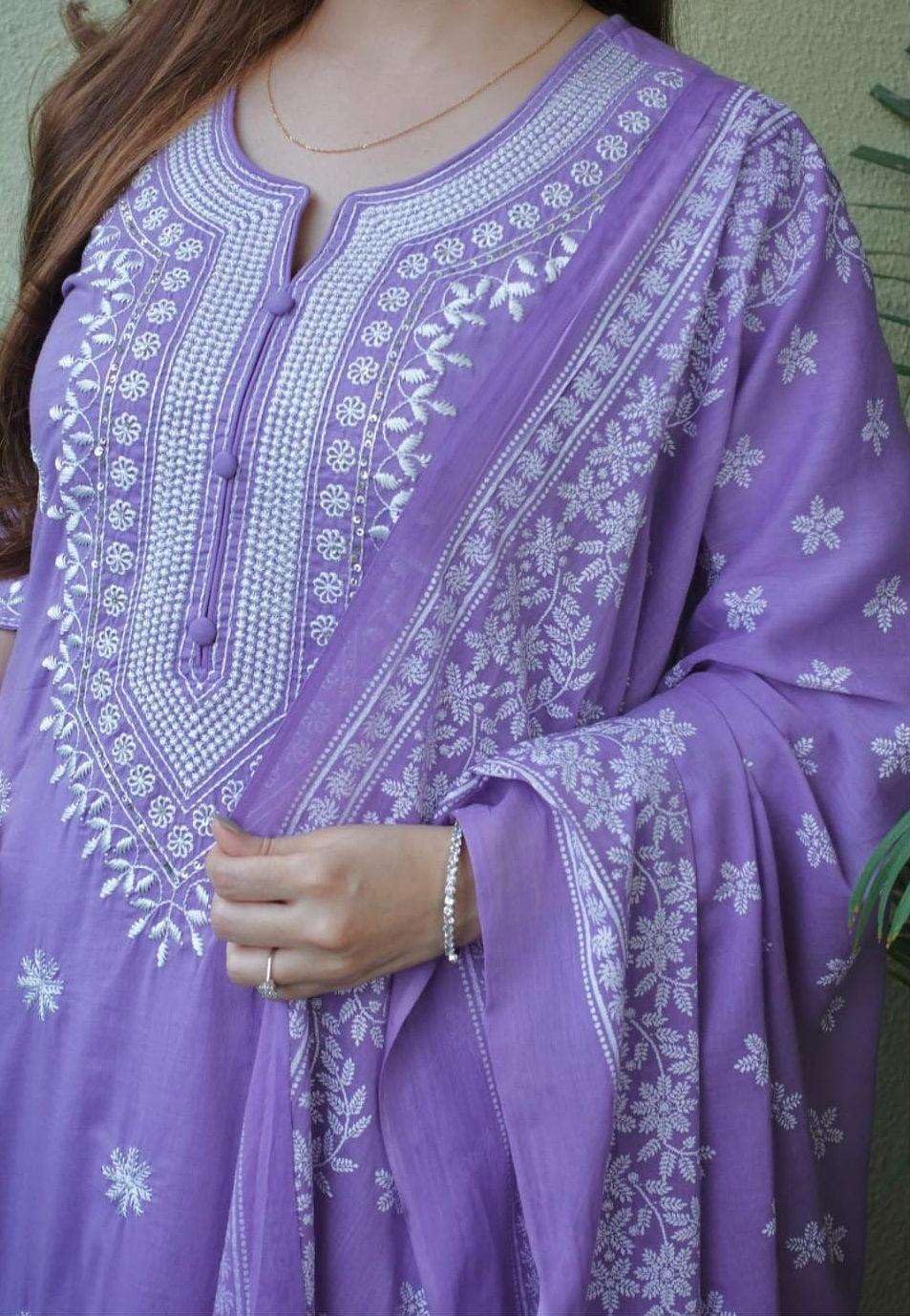 Women’s Cotton Floral Printed Straight Kurti With Pant and Dupatta (Lavender)