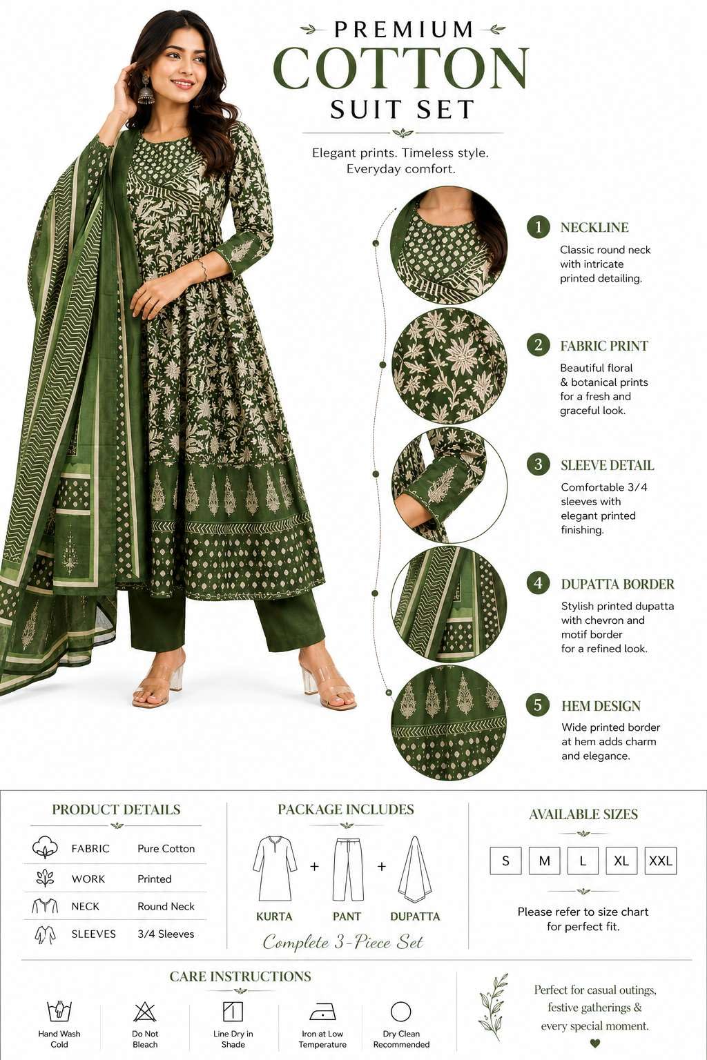 Women's Cotton Floral Printed Anarkali Kurti With Pant and Mulmul Dupatta Set