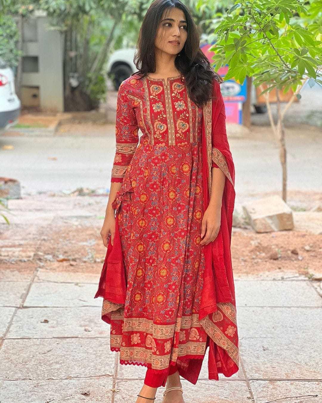 Women's Cotton Anarkali Embroidery Designer Long Anarkali Kurti With Pant and Dupatta Set (Red)