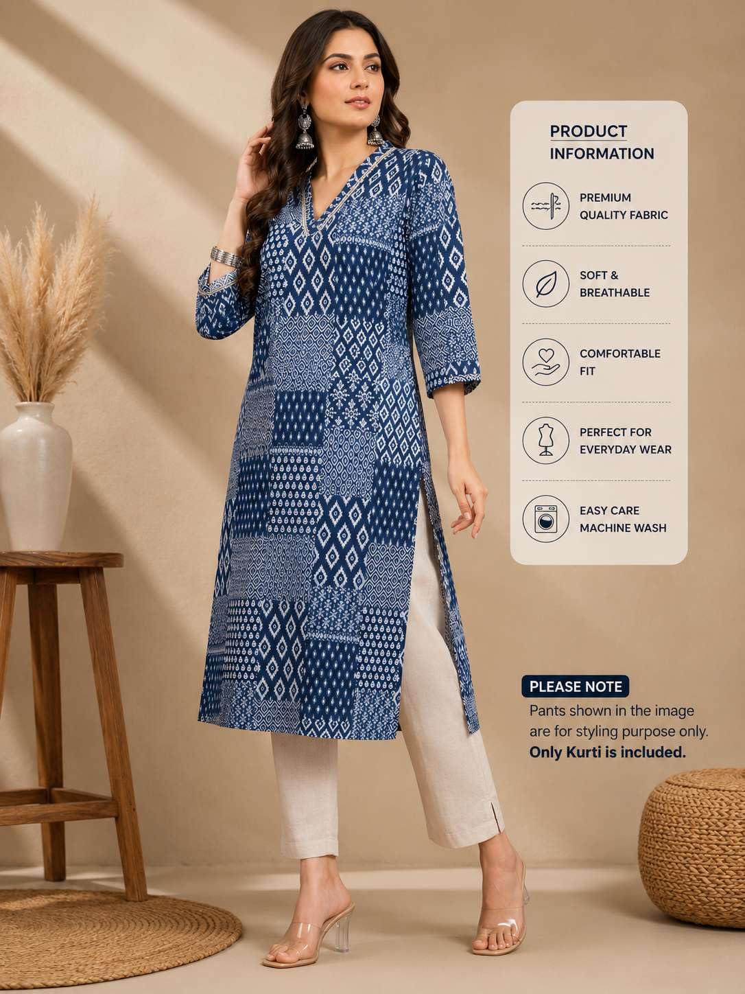 Women's Cotton Printed A-Line Kurti With Pant