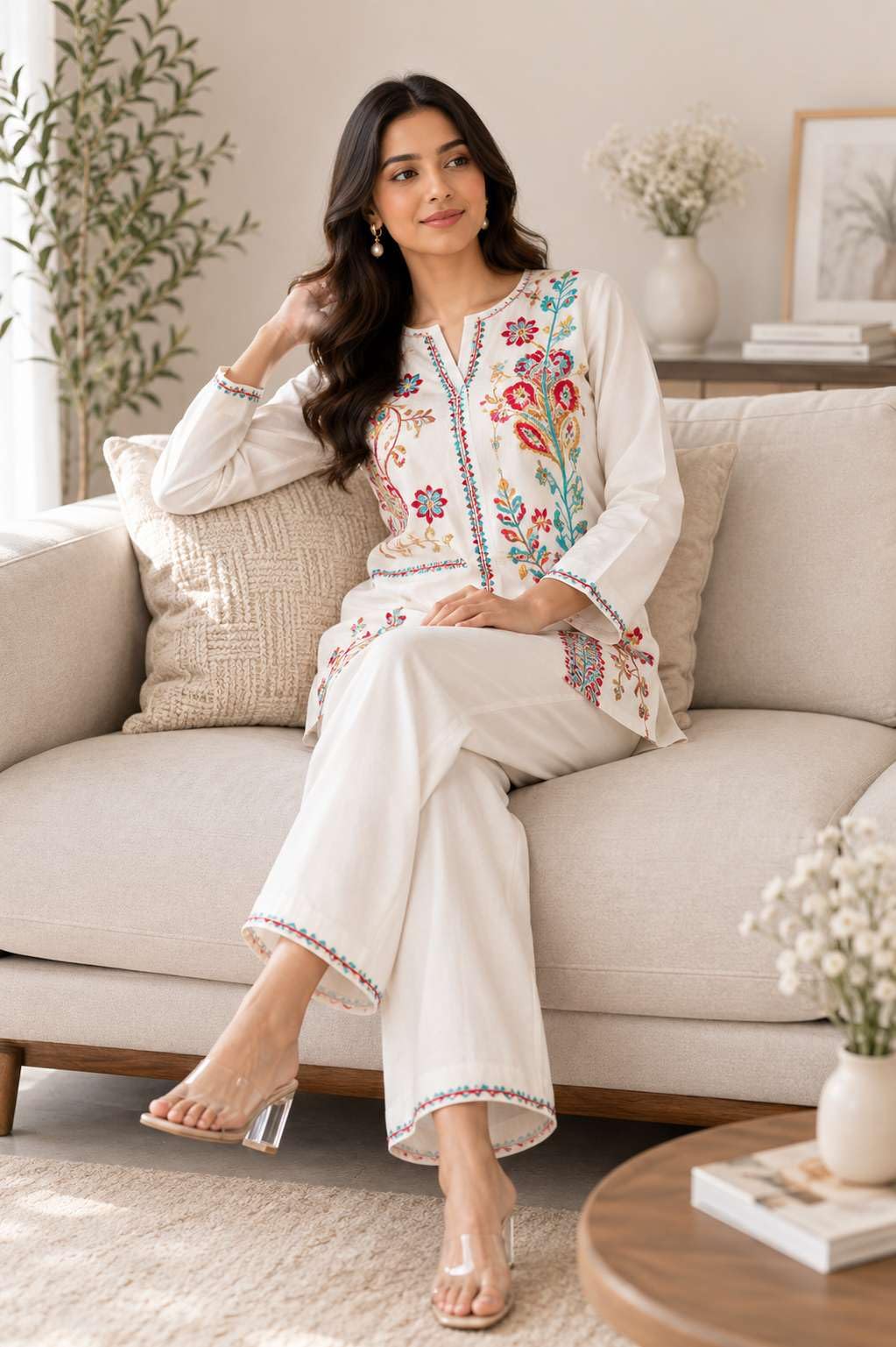 Women's Cotton Embroidery Straight Kurti With Pant Set