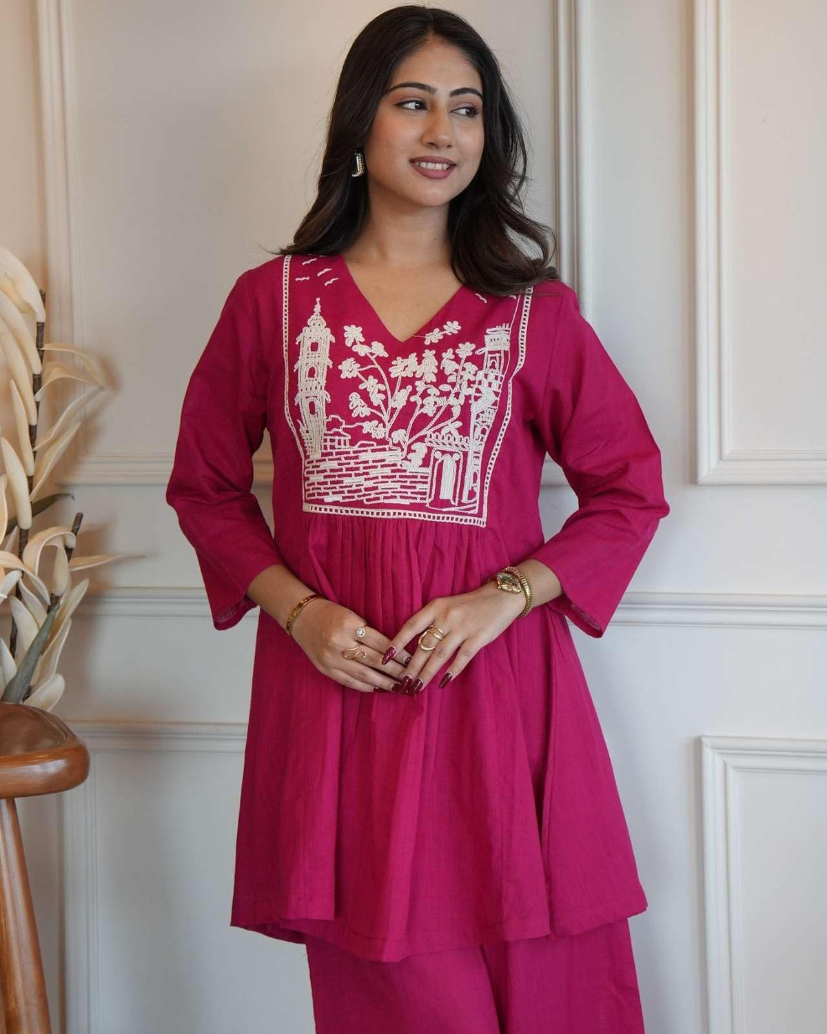 Women's Cotton Embroidered Short Anarkali Kurti with pant
