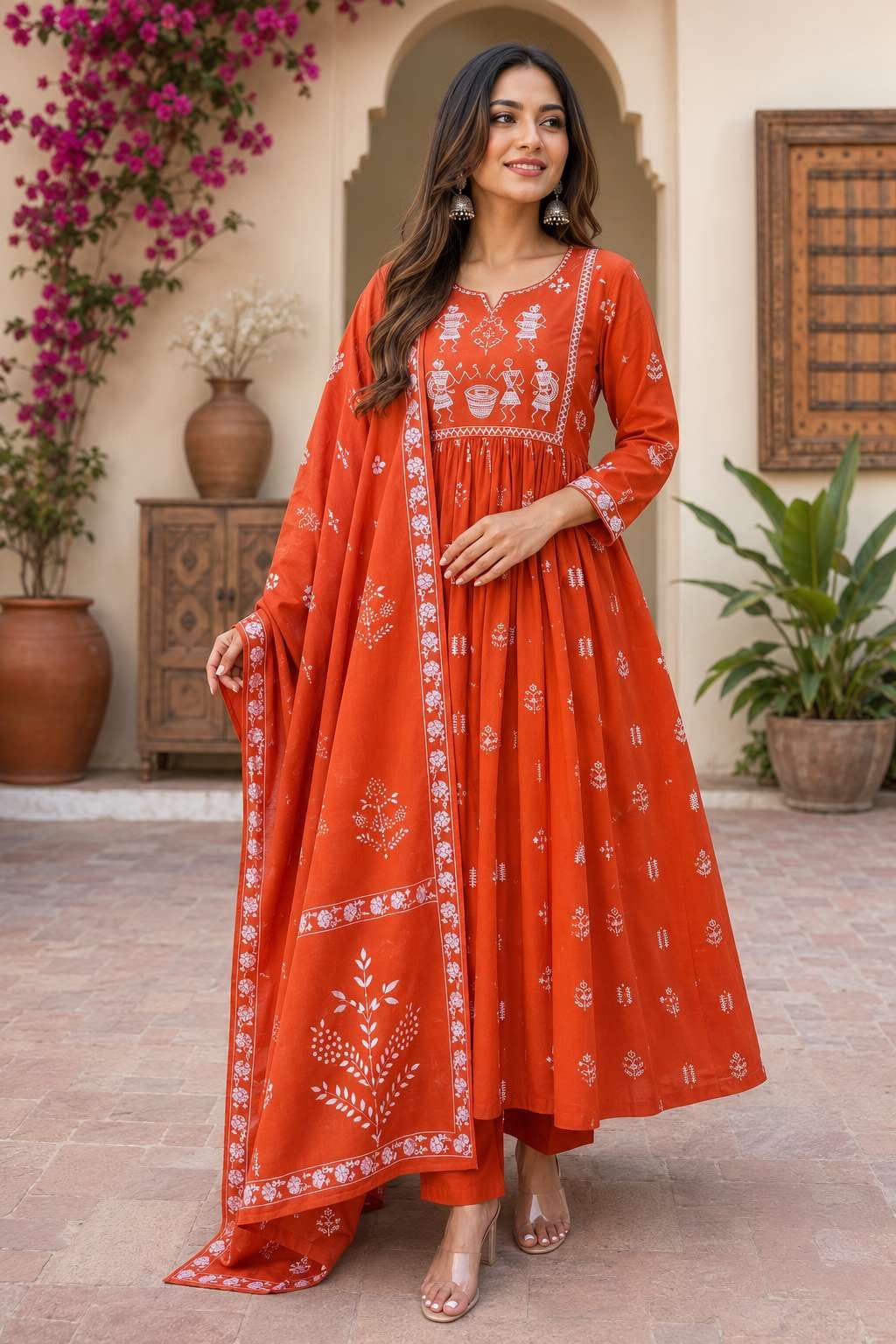 Women's Contton Floral Embroidered Round Neck Regular Kurti Pant Dupatta Set