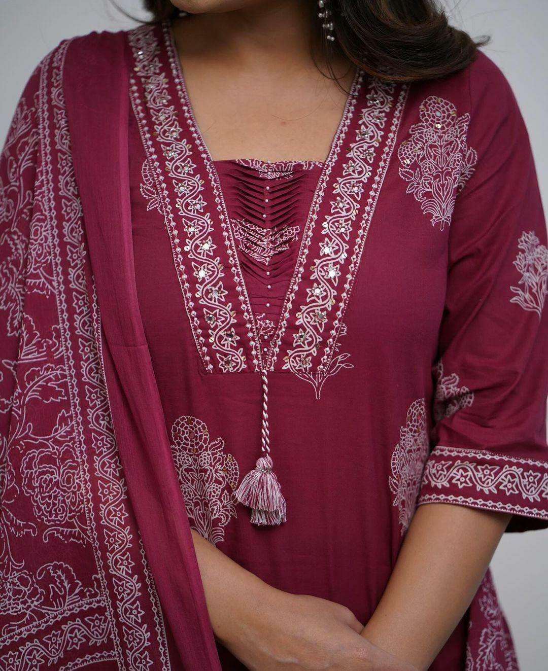 Women's Cotton Printed Straight Kurti with pant and Dupatta Set