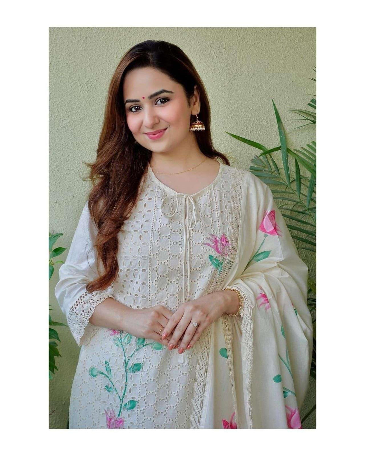 Women's Cotton Hand-Painted Chicken Shifli Straight Kurti With Pant and Mulmul Dupatta Set