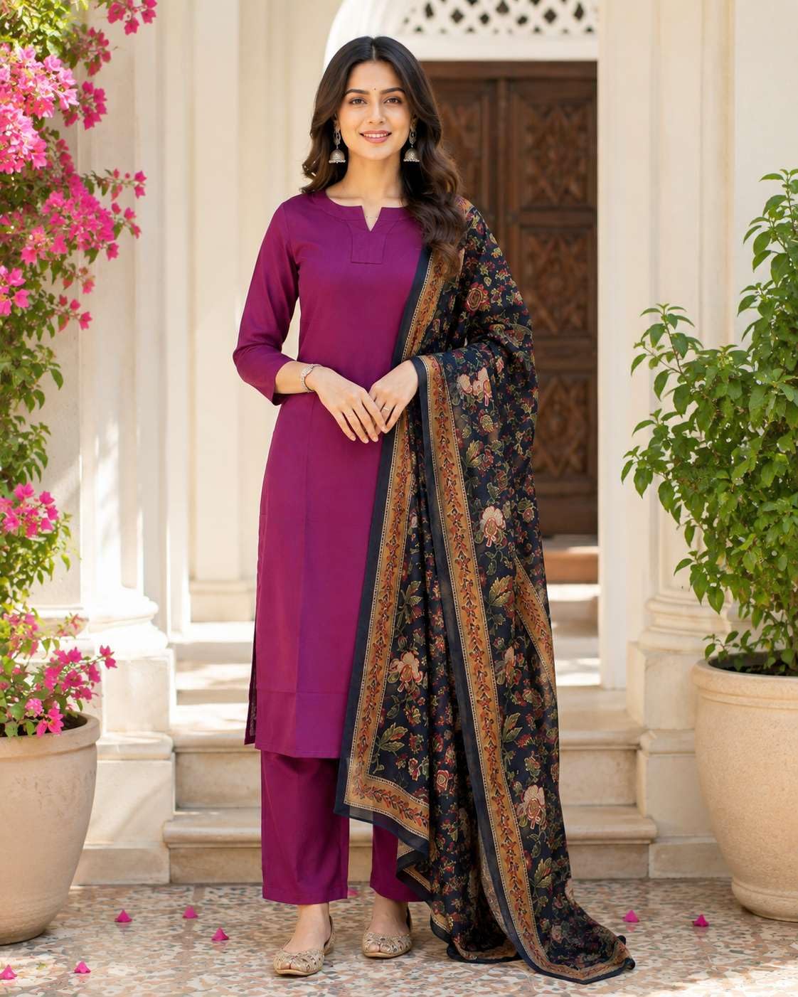 Women's Cotton Solid Straight Kurti With Pant and Dupatta Set