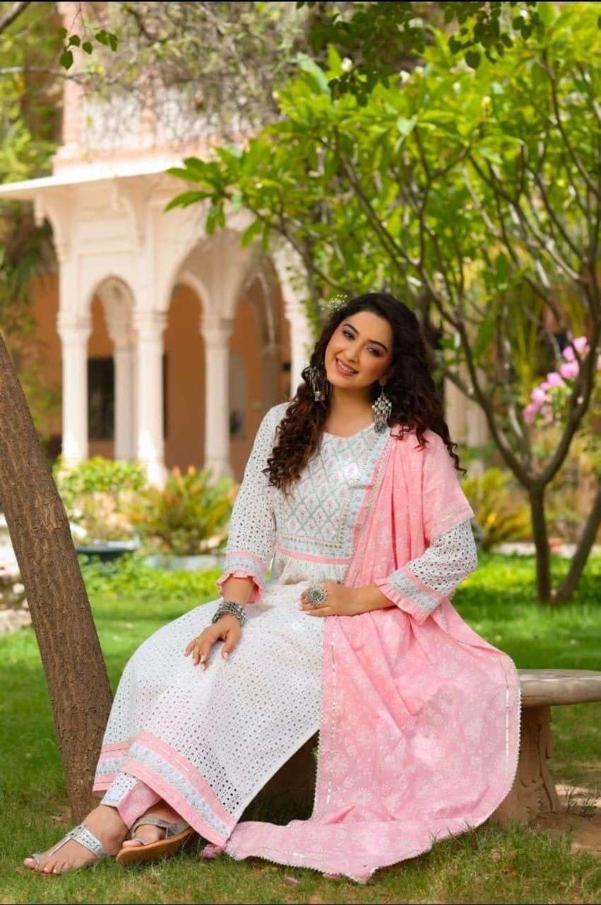 Women's Cotton Embroidered Nayra Cut Kurti With Pant and Dupatta Set