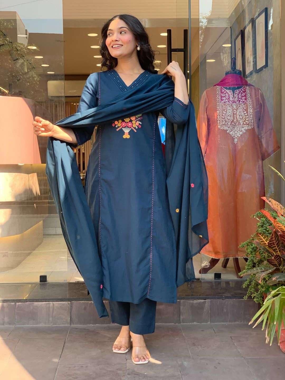 Women's Cotton Embroidered Straight Kurti With Pant And Dupatta Set (Dark Teal Blue)