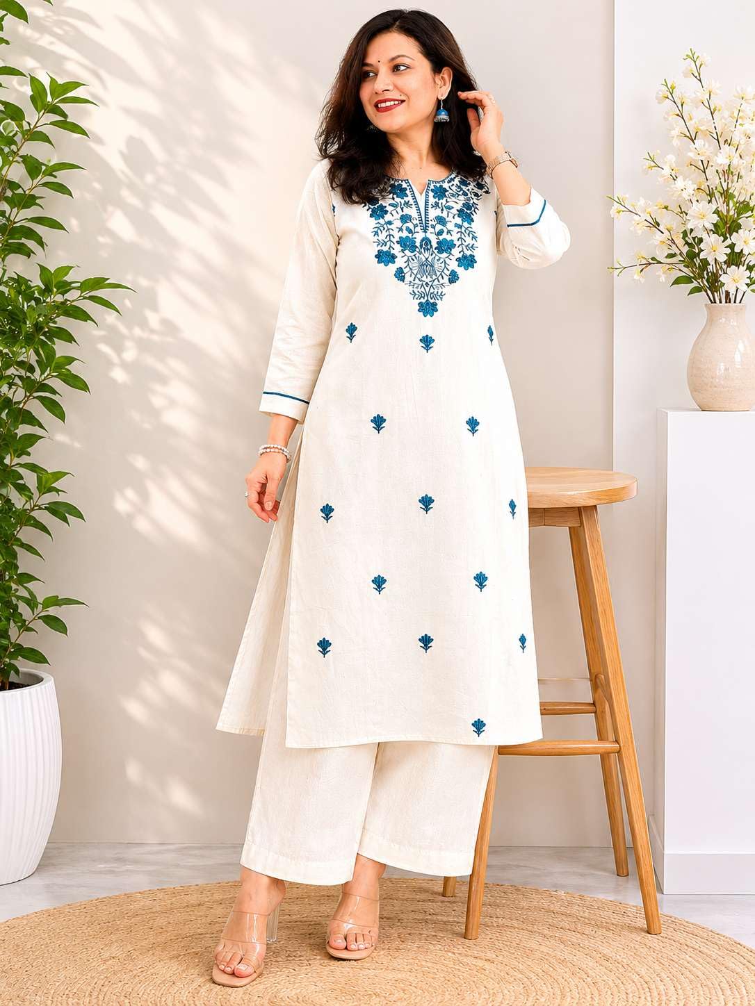 Women's Cotton Floral Embroidered  Straight Kurti With Pant -UG-11