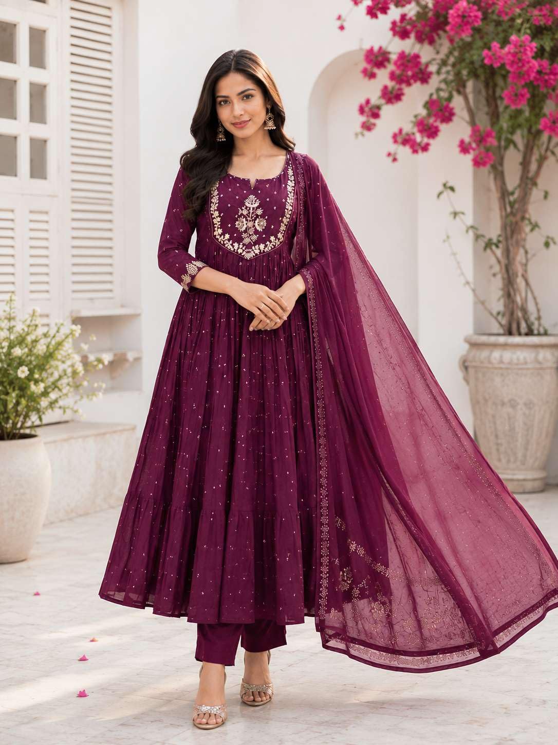 Women's Cotton Embroidery Anarkali Kurti and Pant with Dupatta Set