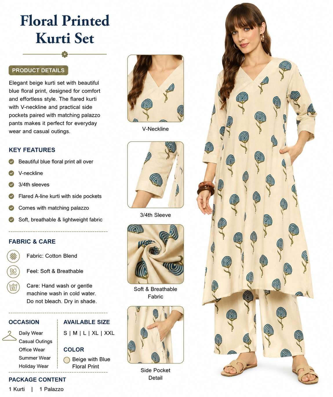 Women's Cotton  Printed flared kurti with V-neckline and side pockets paired with Matching PalAMzo Pant (Beige)