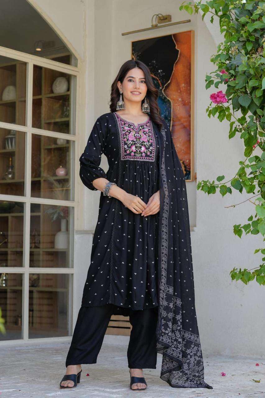Women's Cotton Embroidered Anarkali Kurti With Pant And Dupatta Set