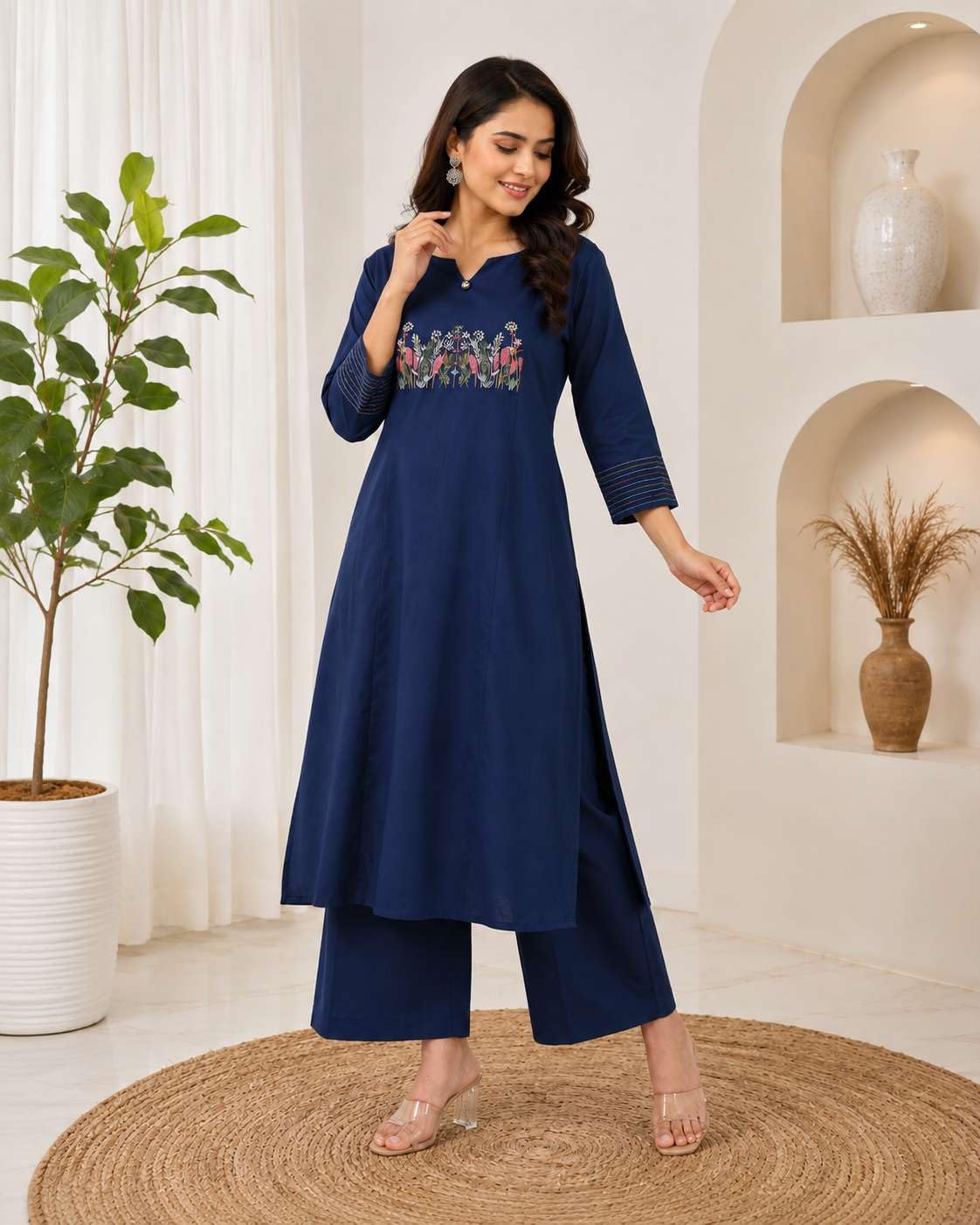 Women's Cotton Embroidered Straight Kurti With Pant Set