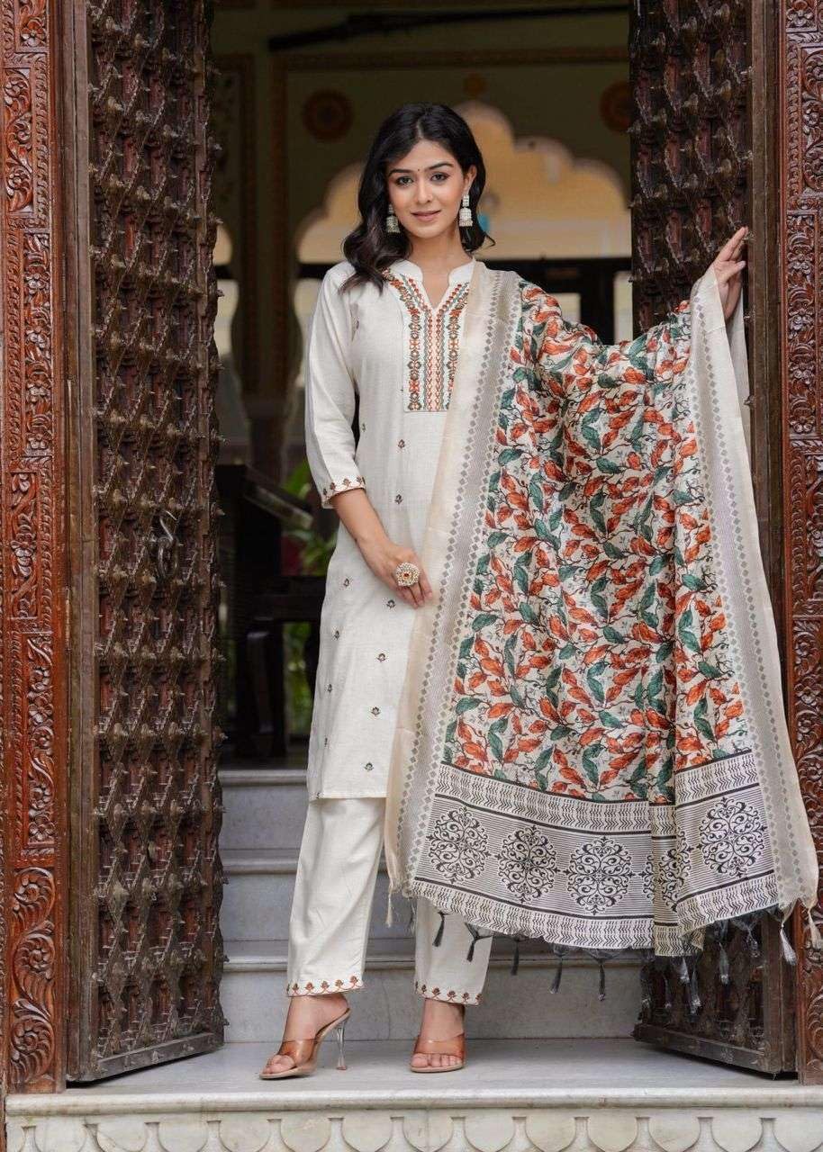 Women's Cotton Embroidered Straight Kurti With Pant and Dupatta Set