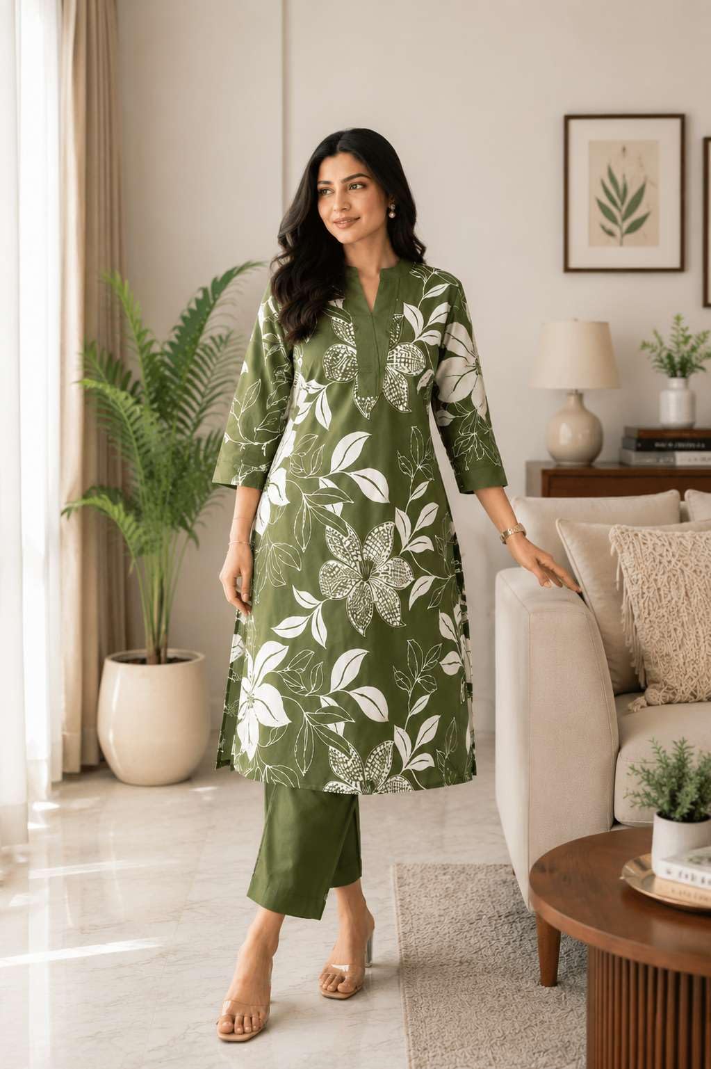 Women's Cotton Floral Printed Straight Kurti With Pant Set