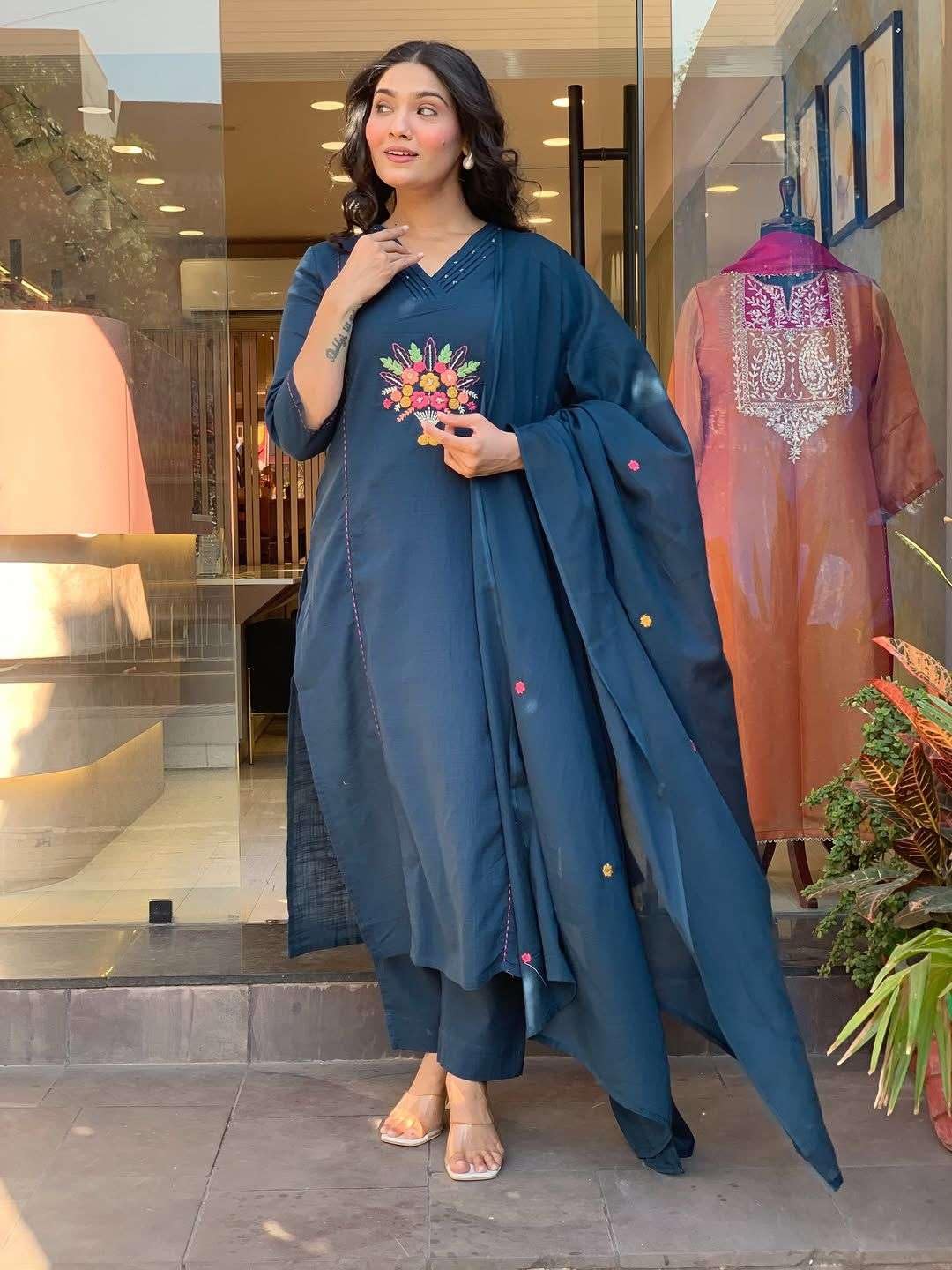 Women's Cotton Embroidered Straight Kurti With Pant And Dupatta Set (Dark Teal Blue)