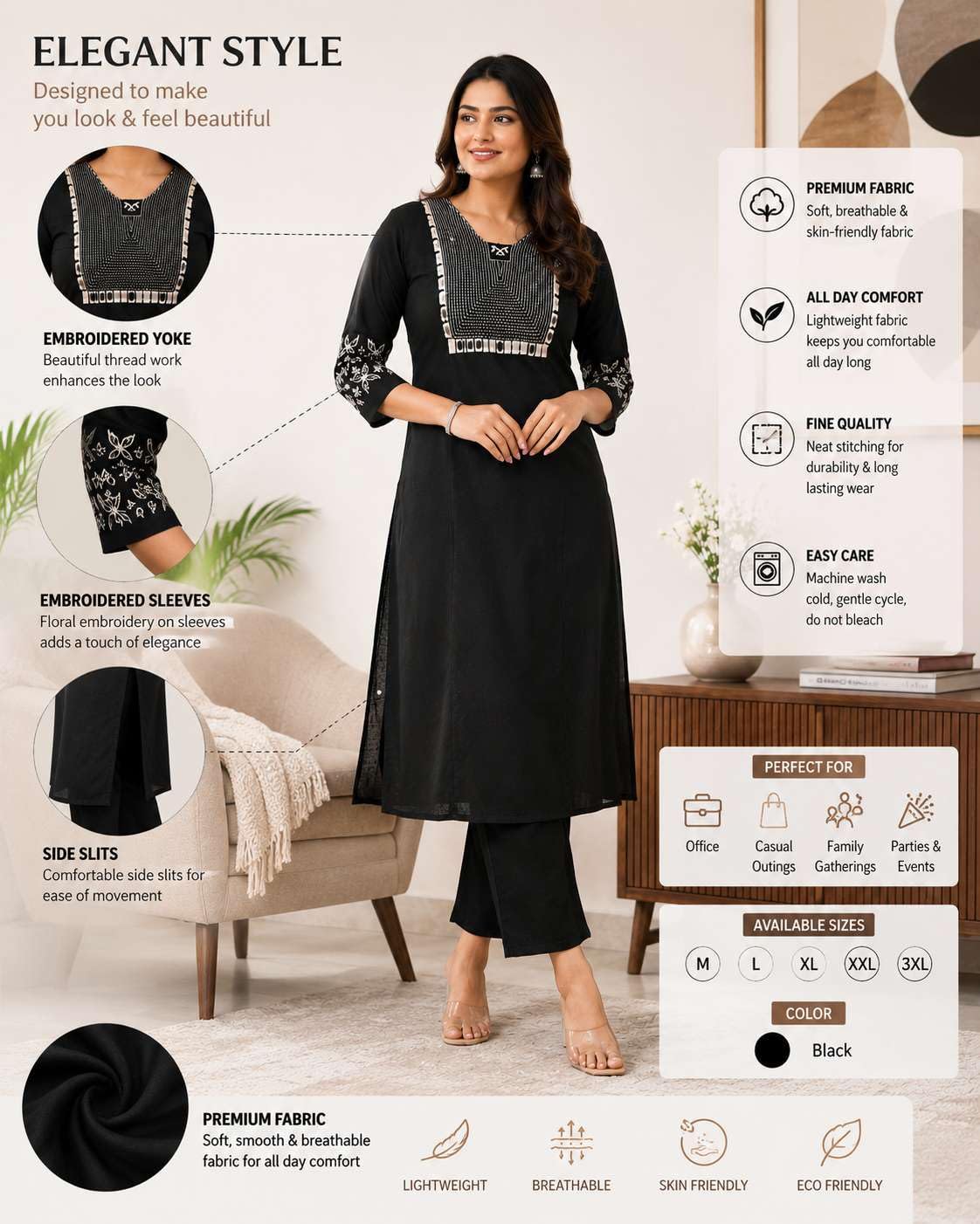 Women's Cotton Embroidery Straight Kurti With Pant Set