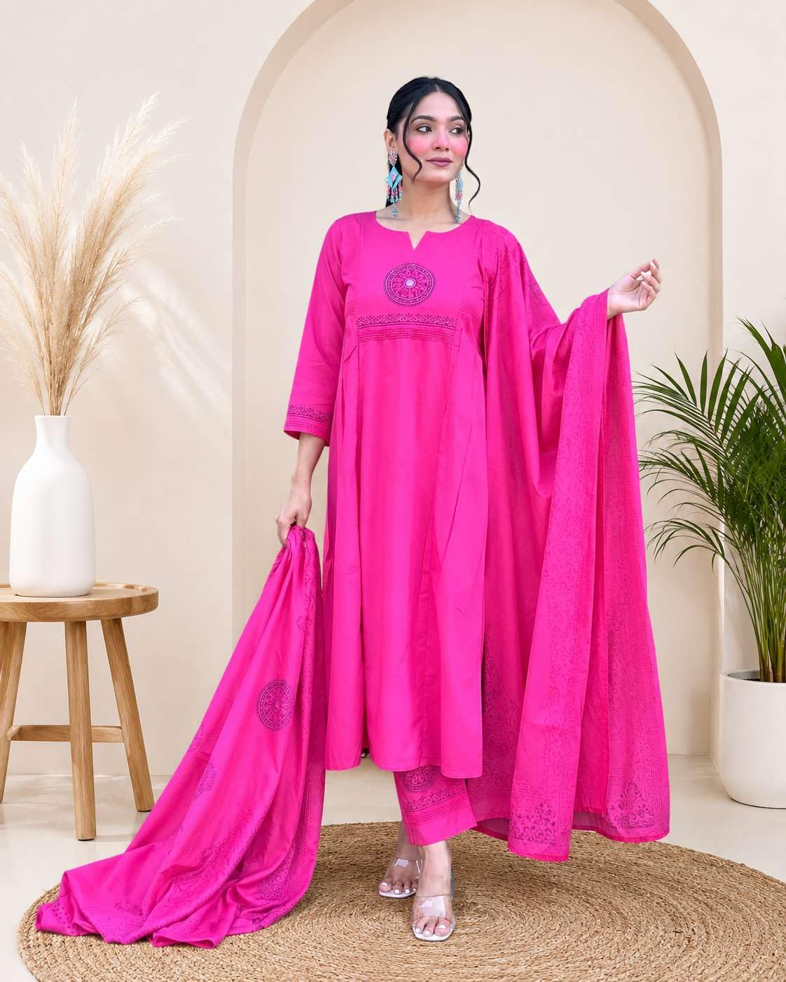 Women's Cotton Embroidery Handblock Floral Kurti Pant With Dupatta Set