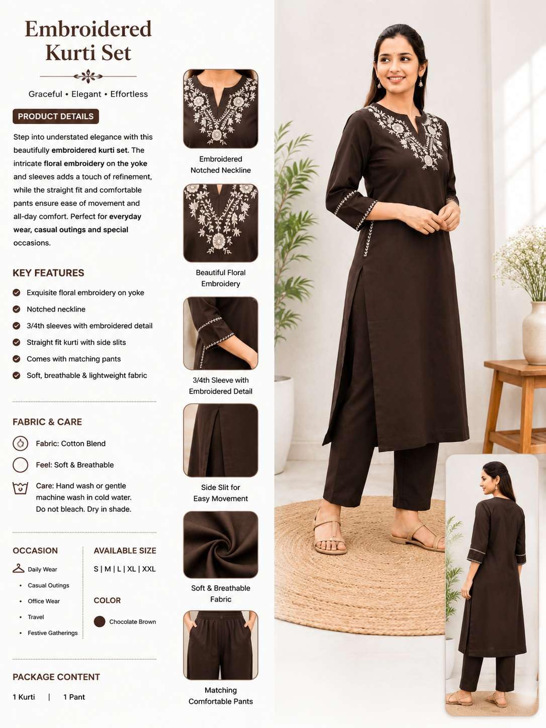 Women's Cotton Embroidered  Straight Kurti With Pant