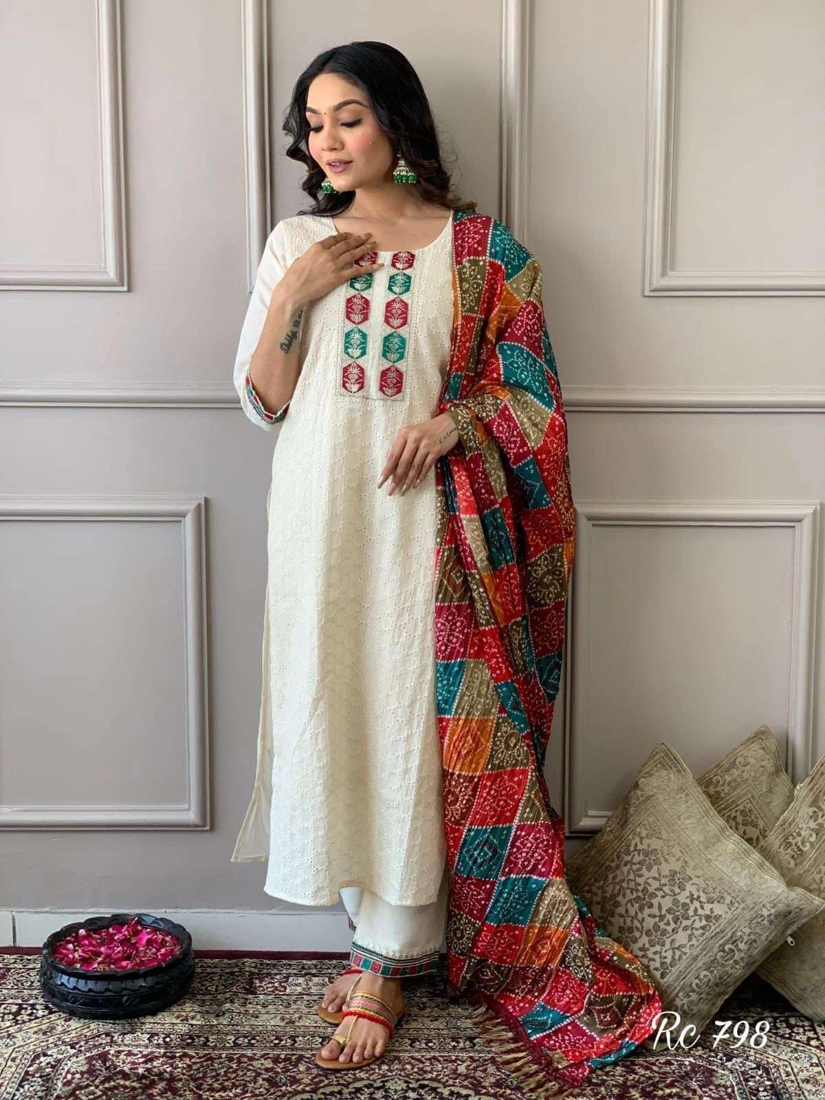 Women's Cotton Chikankari Print Straight Kurti with Pant andMulmul Dupatta Set