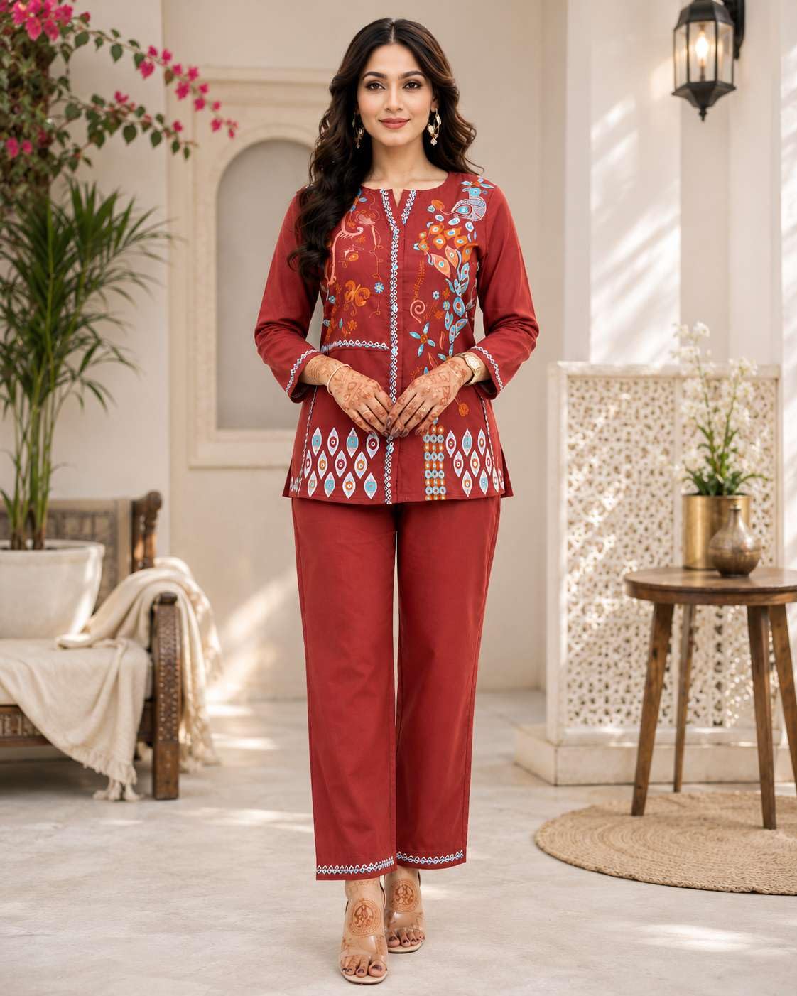 Women's Cotton Embroidery Straight Kurti With Pant Set