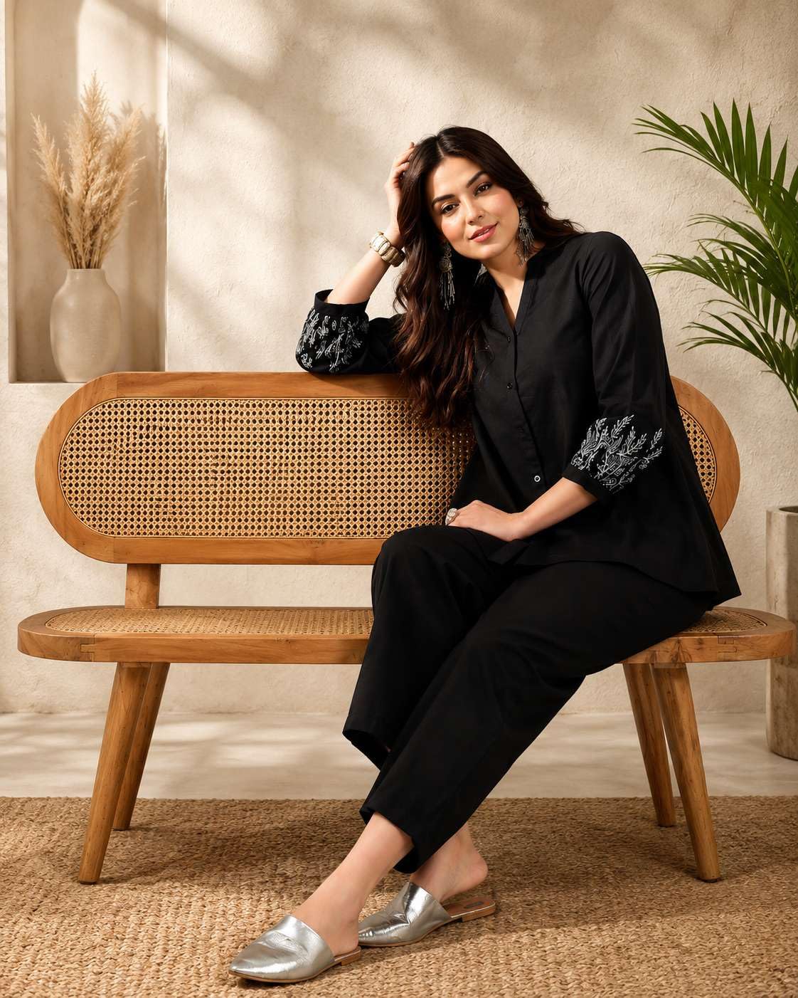 Women's Cotton Embroidered A-Line Kurti With Pant