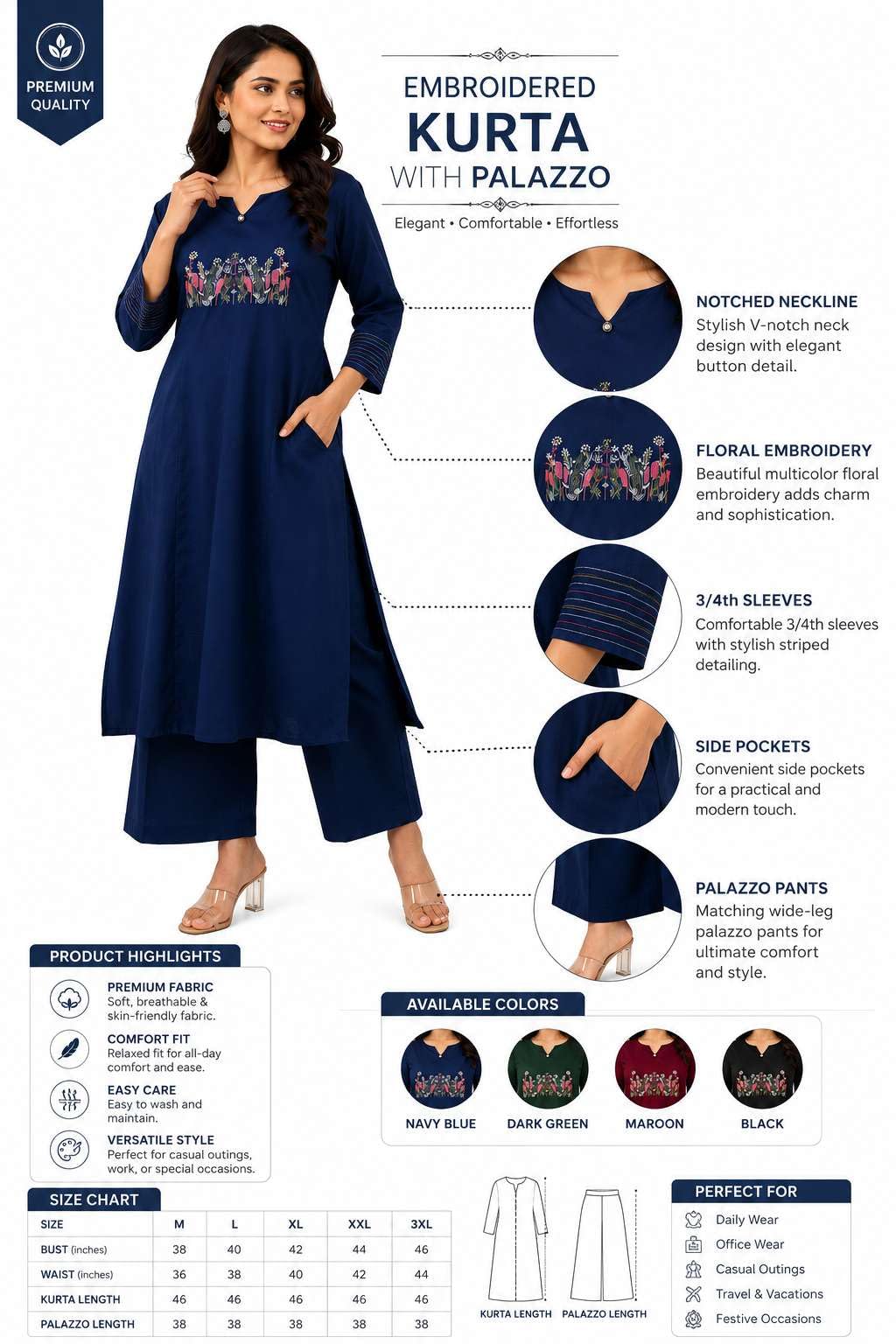 Women's Cotton Embroidered Straight Kurti With Pant Set