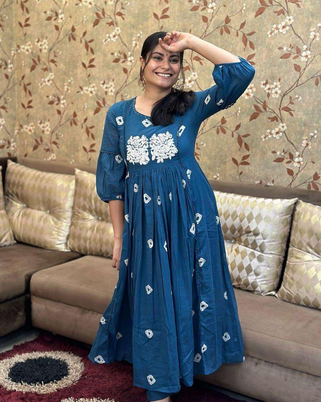 Women's Cotton Printed Long Anarkali Kurti With Pant