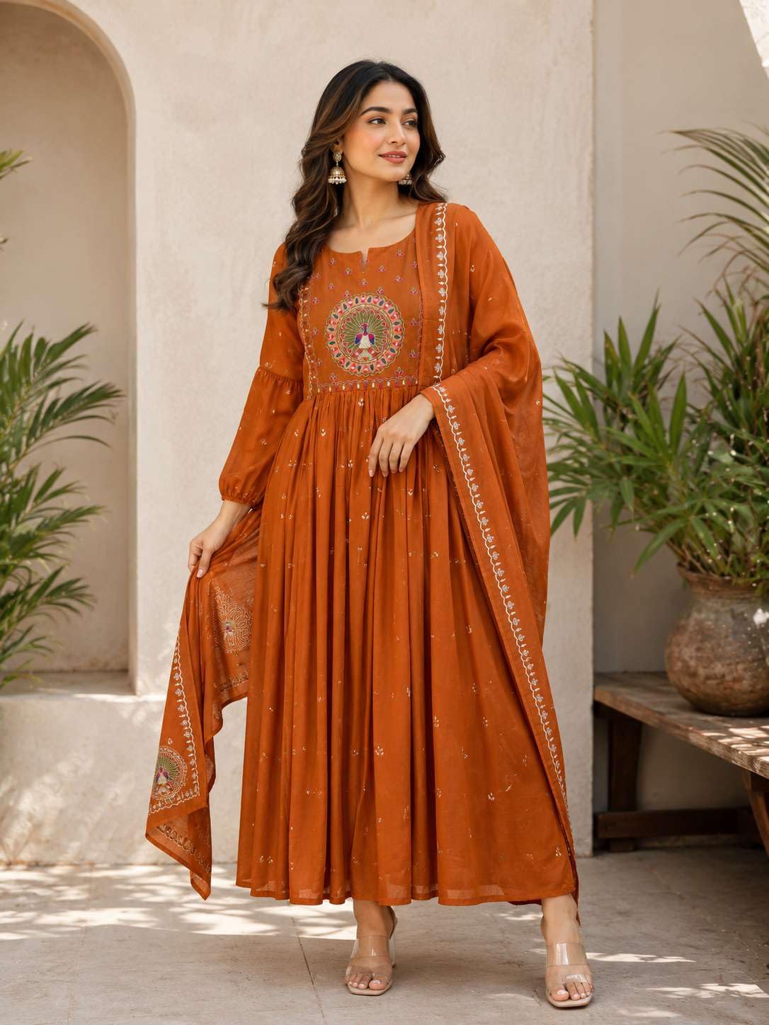 Women's Cotton Embroidered Anarkali Kurti With Malmal Dupatta Set