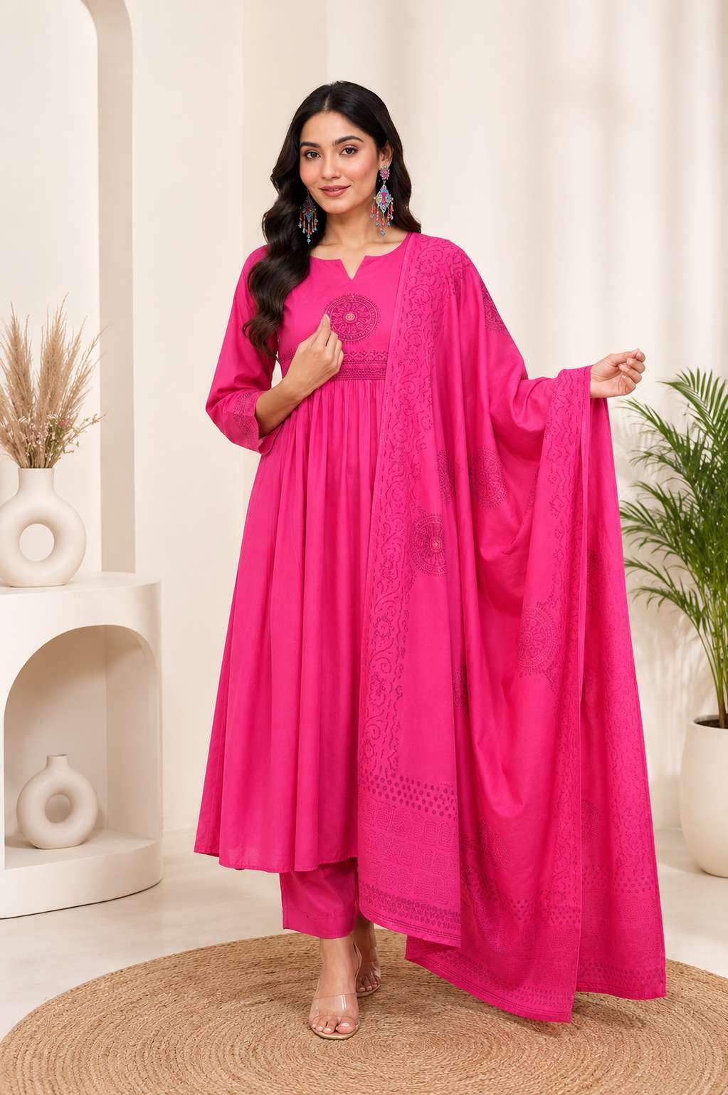 Women's Cotton Embroidery Handblock Floral Kurti Pant With Dupatta Set