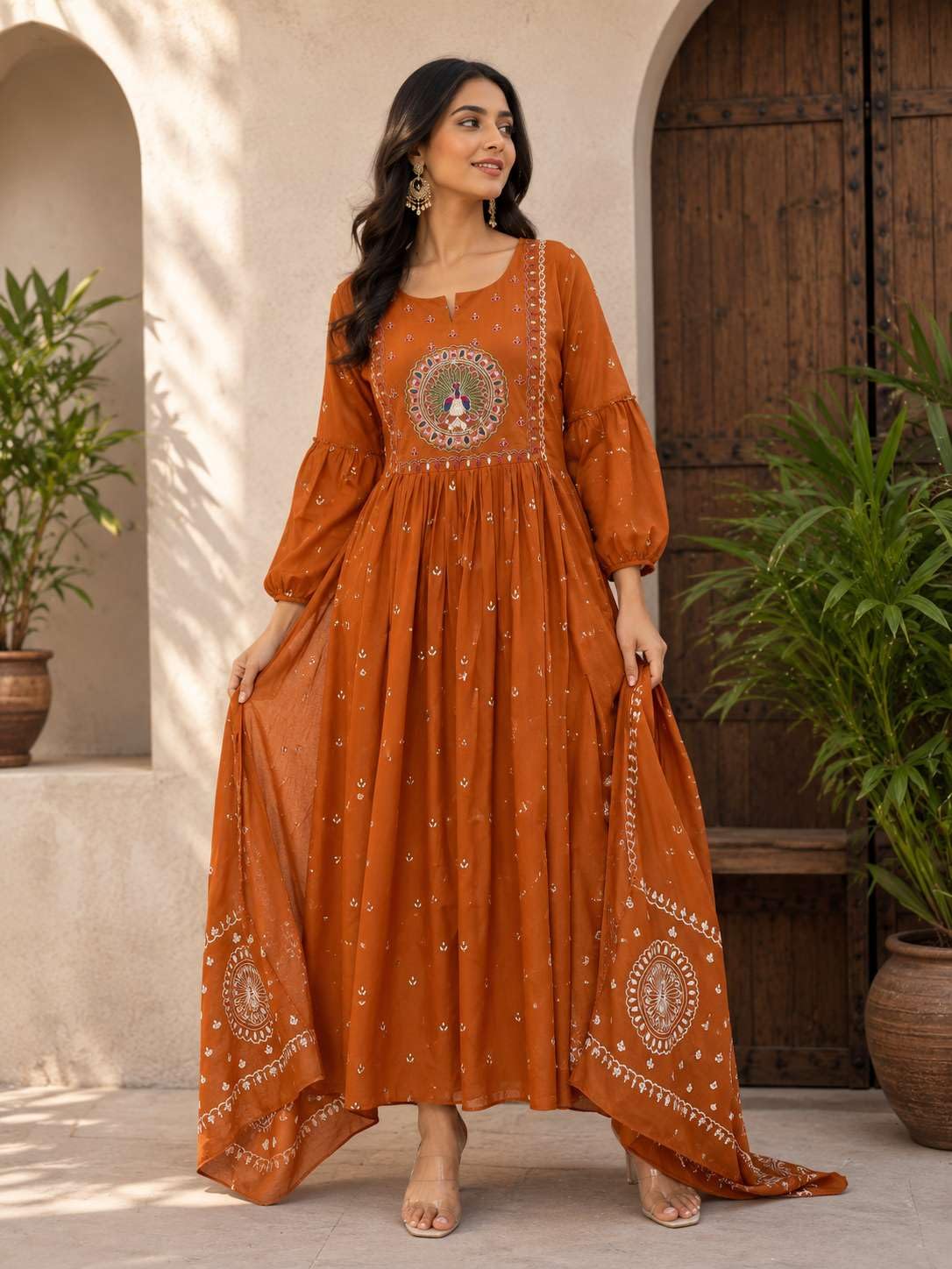 Women's Cotton Embroidered Anarkali Kurti With Malmal Dupatta Set