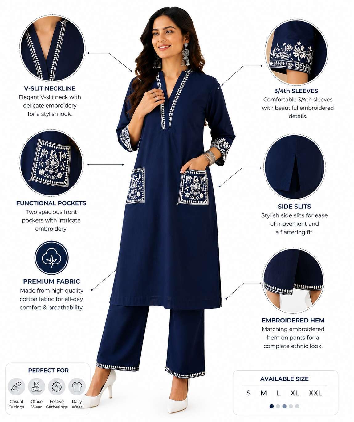 Women's Cotton Embroidery Straight Kurti With Pant Set