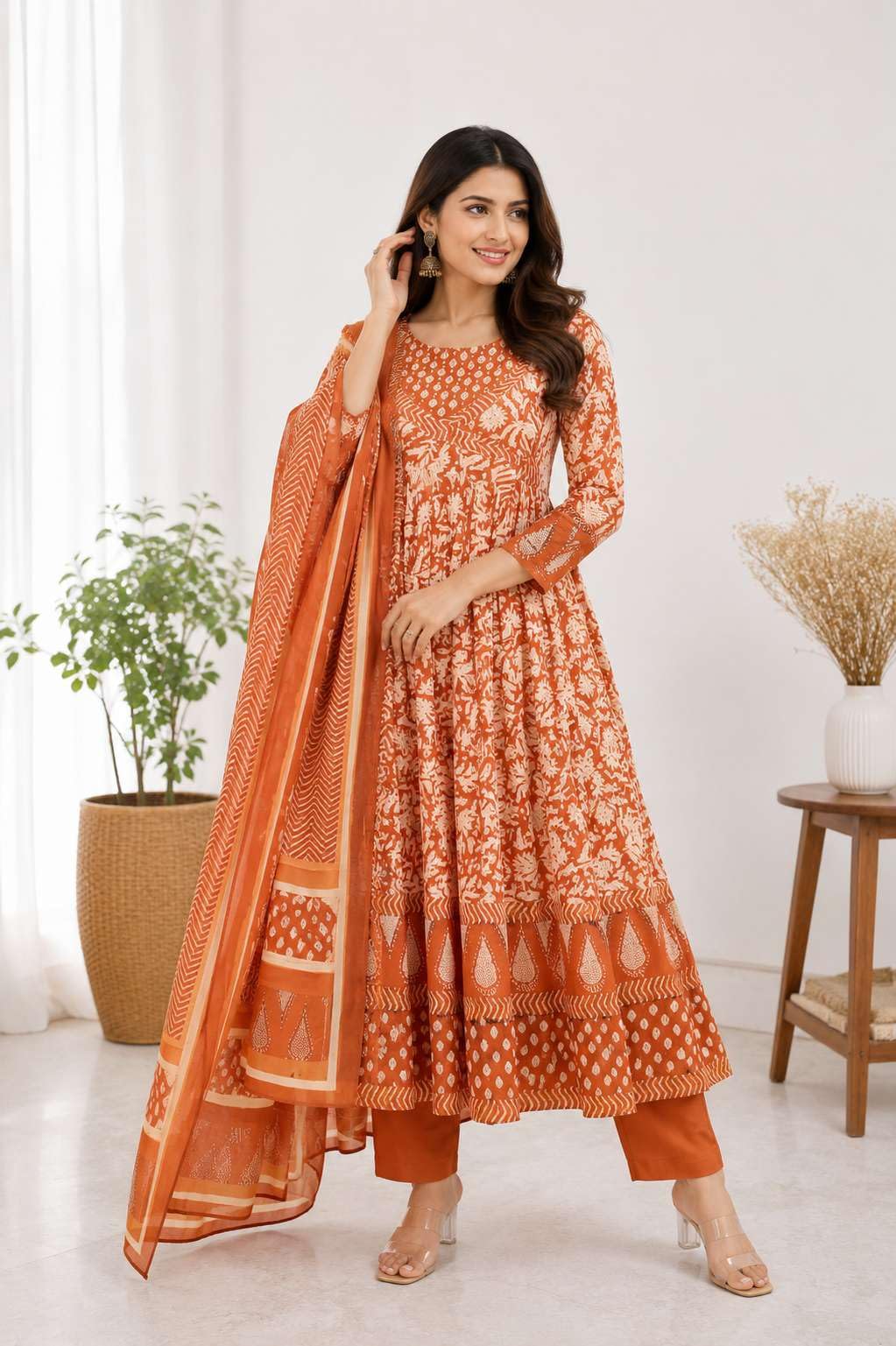 Women's Cotton Floral Printed Anarkali Kurti With Pant and Mulmul Dupatta Set