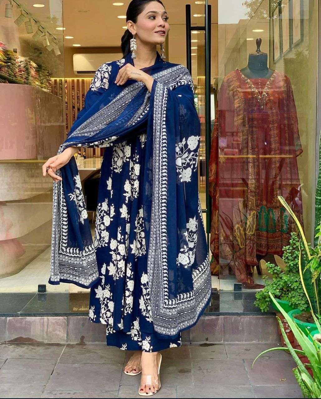 Women's Cotton Jaipur Hand Block Print Anarkali Kurti with Pant and Printed Dupatta Set (Navy Blue)