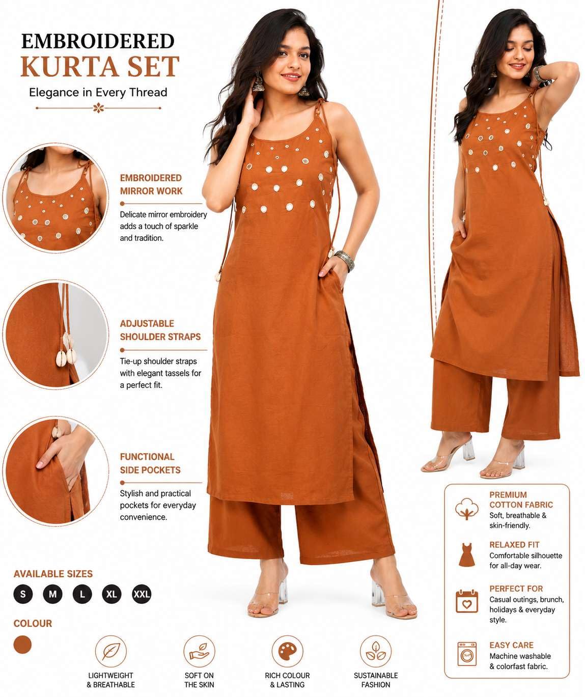 Women's Cotton Embroidery Sleeveless Kurti With Ankle length Pant Set